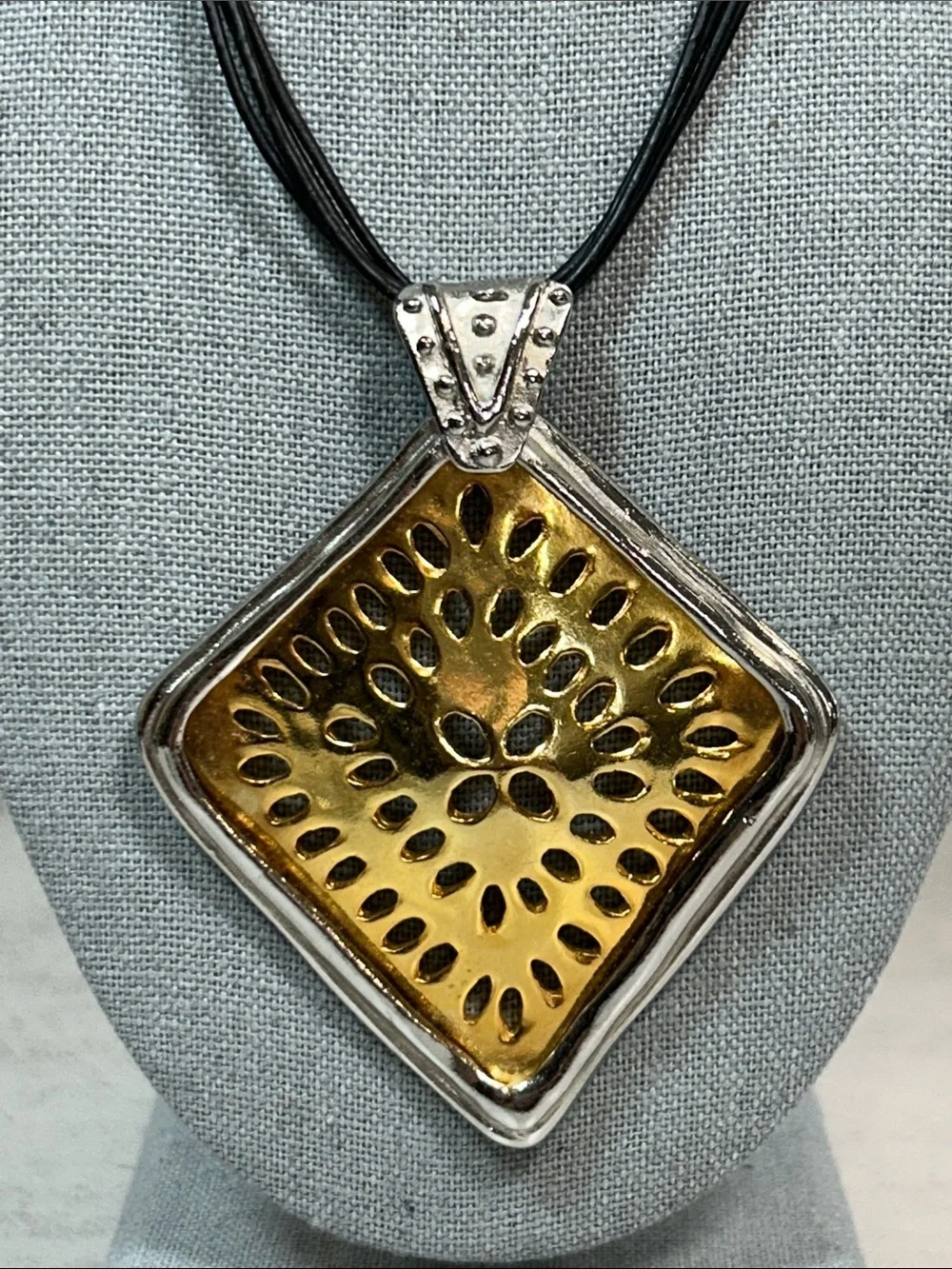 Chico's Gold and Silver Sunburst Pendant Necklace with Black Multi-Strand Cord
